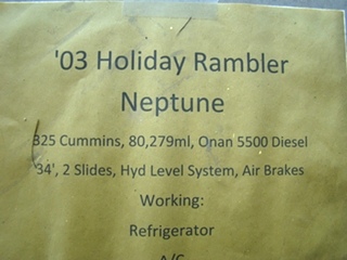 2003 HOLIDAY RAMBLER NEPTUNE PARTS 